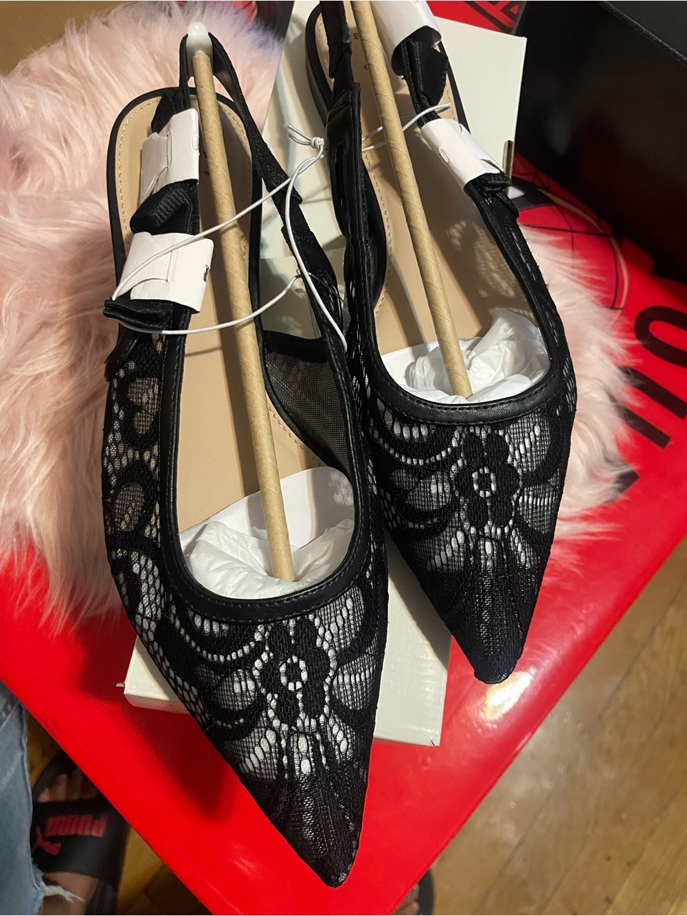 Black Lace Pointed Toe Slingback Flats